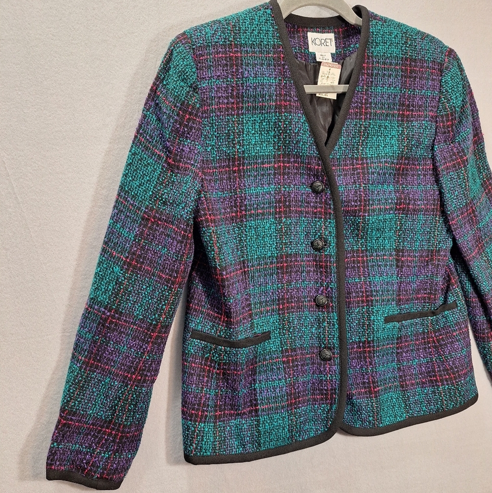 NWT Vintage 80s Jewel Tone Plaid Blazer Wool Blend Fitted USA Union Made Size 10 - Picture 2 of 15